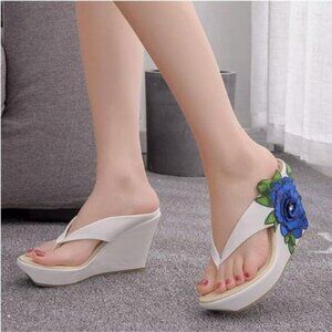 FSJ Blue Floral Cute Platform Wedge Sandal Flowers Thong Flip Flop Weave Shoes